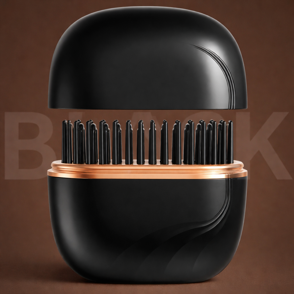 Black hairbrush with bristles on a brown background